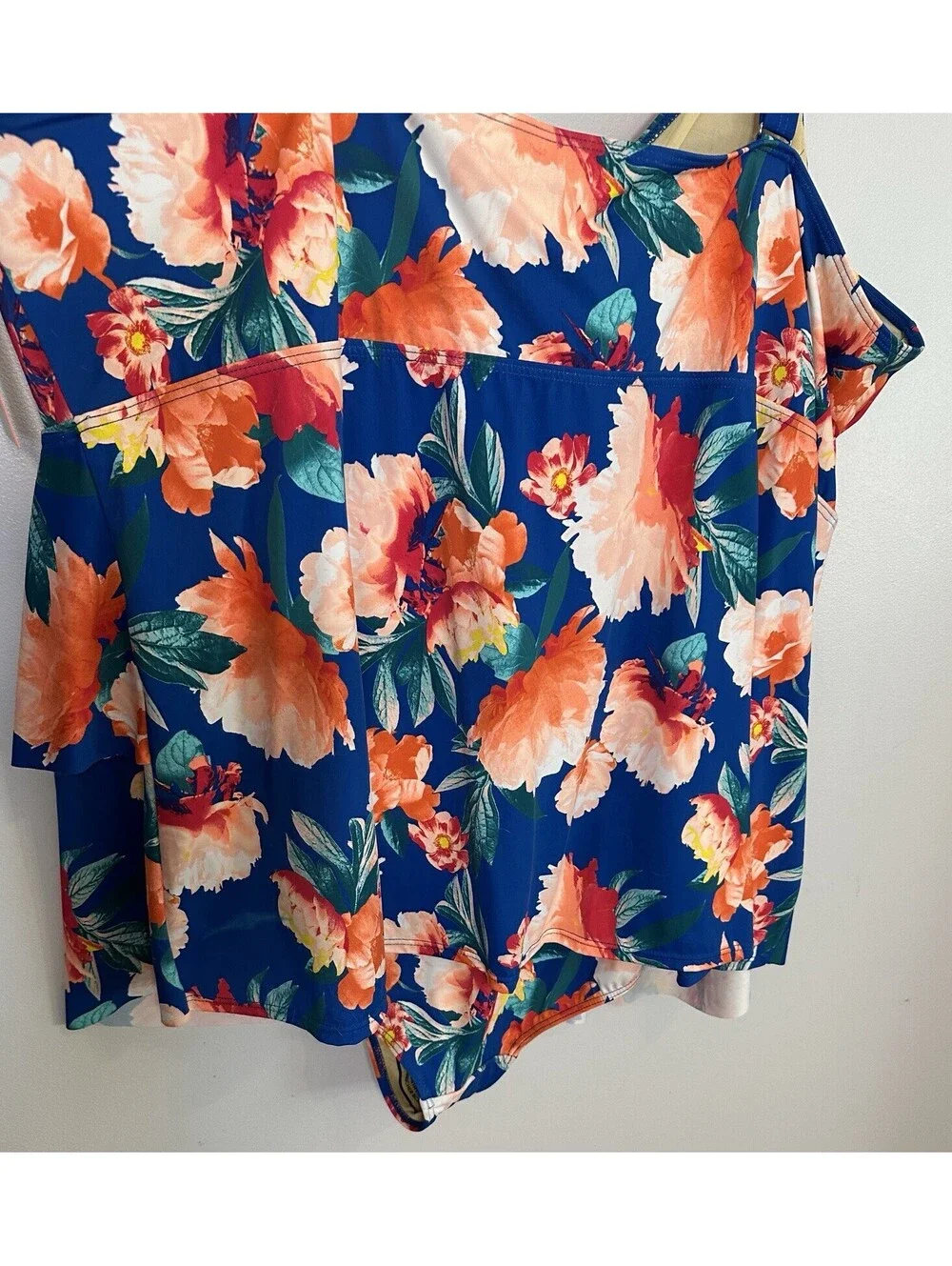 NWTS Swimsuits For All Blue Floral Tropical Print Slimming Swim Dress Size 32.
